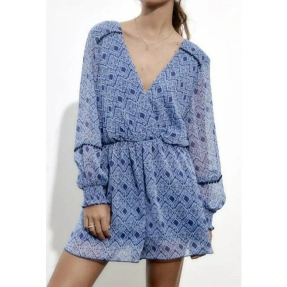 Zara Blue Mediterranean Print Long Sleeve Crochet Trim Faux Wrap Romper M